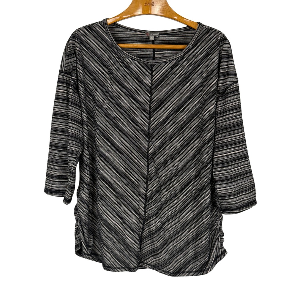 Talbots Striped Ruched Side Knit Top XL Black White Chevron 3/4 Sleeve